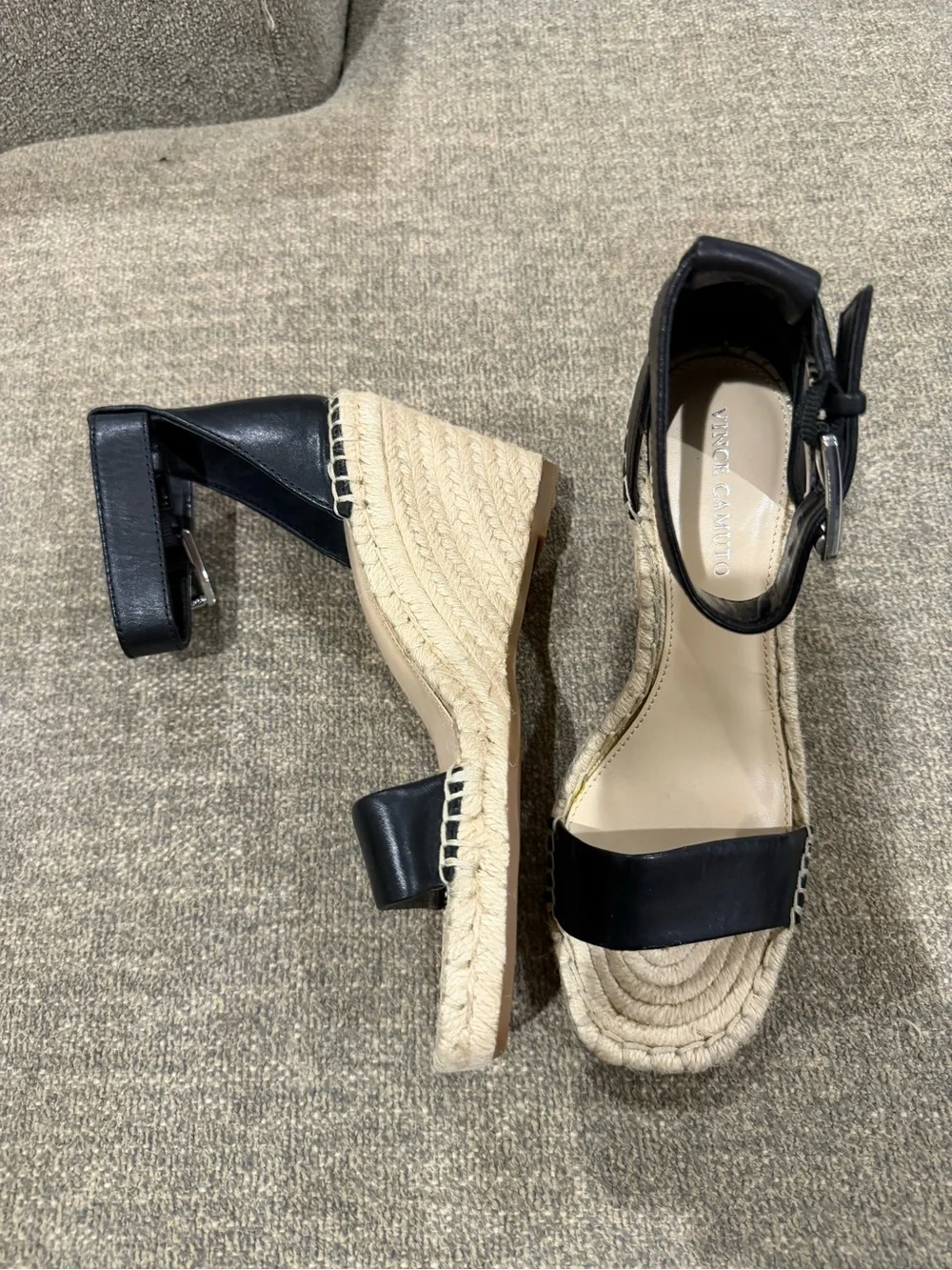 Vince Camuto Black Leather Espadrille Wedge Sandals